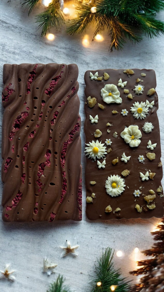 Laviolette Milk Chocolate Bar with Freeze-Dried Strawberry, Chocolate Flowers, Butterfly & Walnuts.