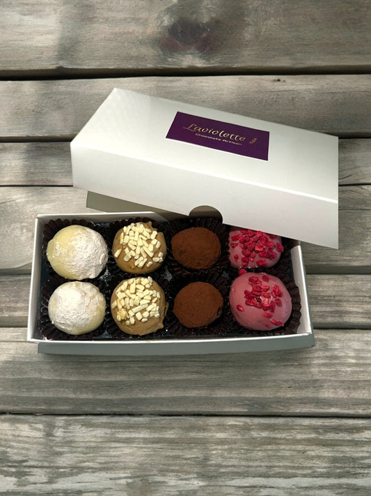 Handcrafted Chocolate Truffle Box - 8 Assorted Truffles, Dark, White, Ruby & Gold Chocolate, Coffee, Lemon, Strawberry Flavours